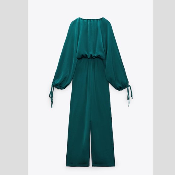 Zara V-Neck Satin Effect Jumpsuit Teal Sz XS NWT - Picture 8 of 10